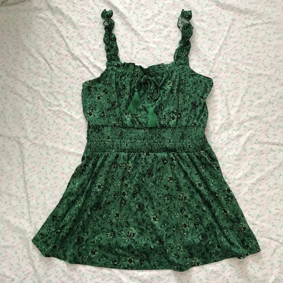 Lily Morgan Mini Dress Floral S Royal Green Black Tie Front Smocked Waist - Picture 5 of 16